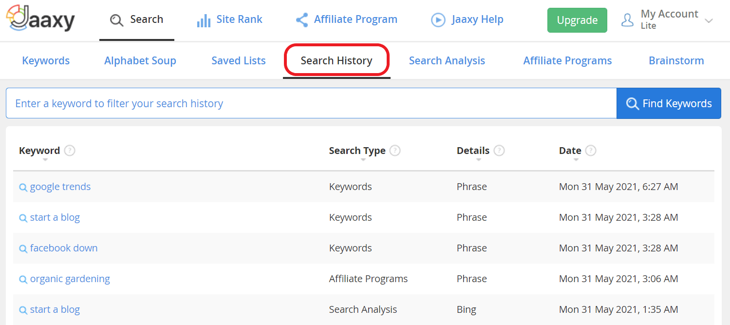 search history-Jaaxy