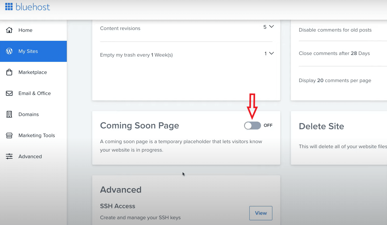bluehost dashboard - settings-coming soon page