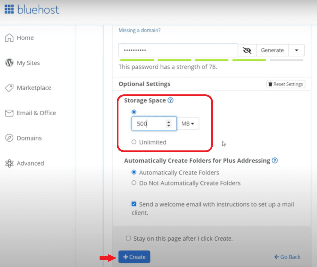bluehost - create email account