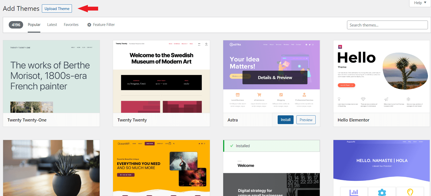 WordPress dashboard-choose a theme